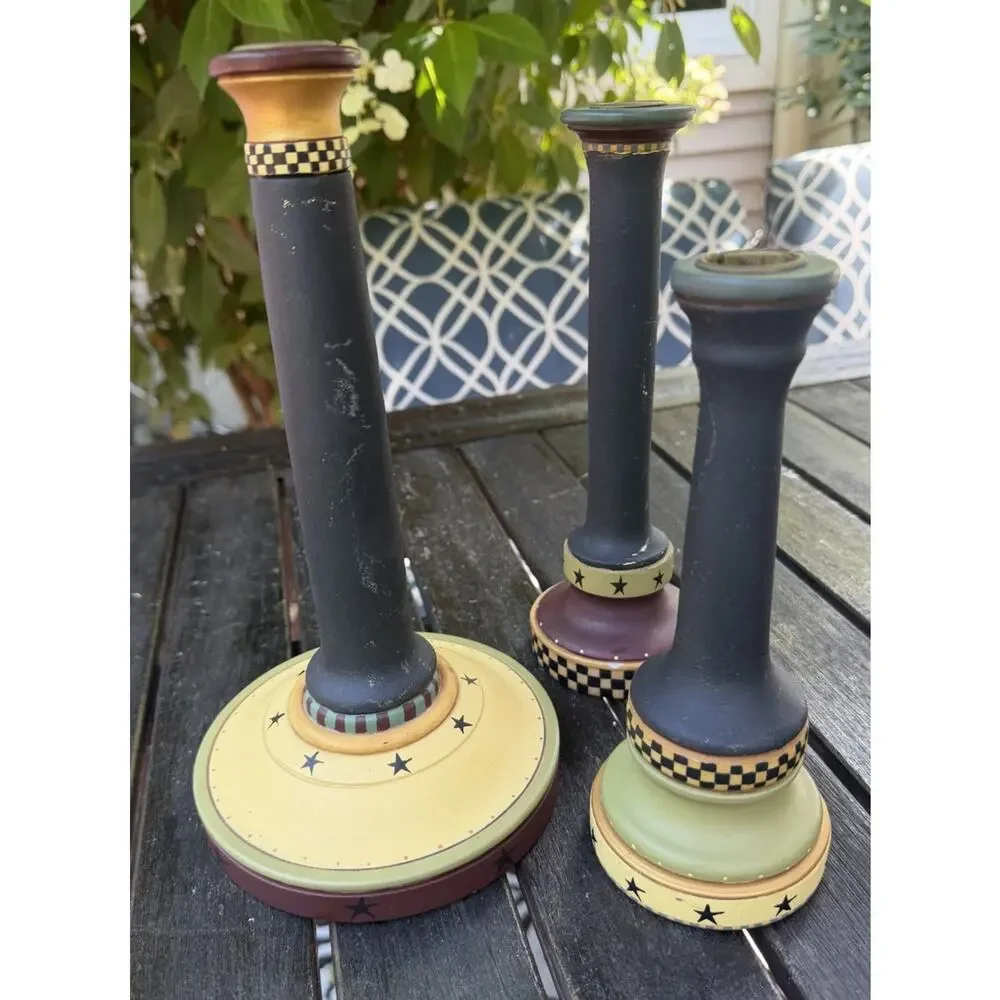 Vintage SET OF 3 Folk Art Candlestick Hiolders Williraye Studio Hand Painted